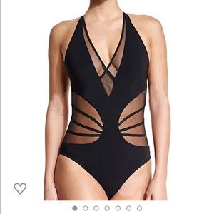 Black, mesh one piece bathing suit